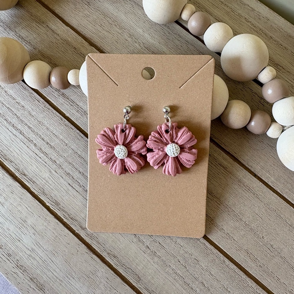 Handmade Pink Floral Statement Earrings with Textured Beads